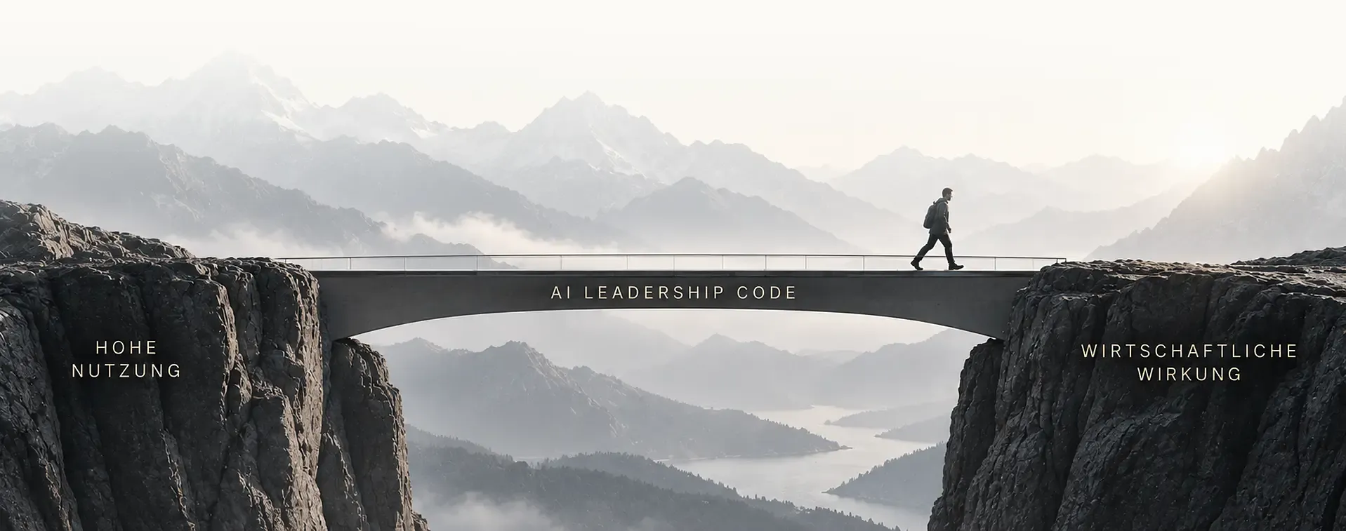 Hohe Nutzung – AI Leadership Code – Wirtschaftliche Wirkung: Ein Mensch überquert die Brücke zwischen zwei Klippen