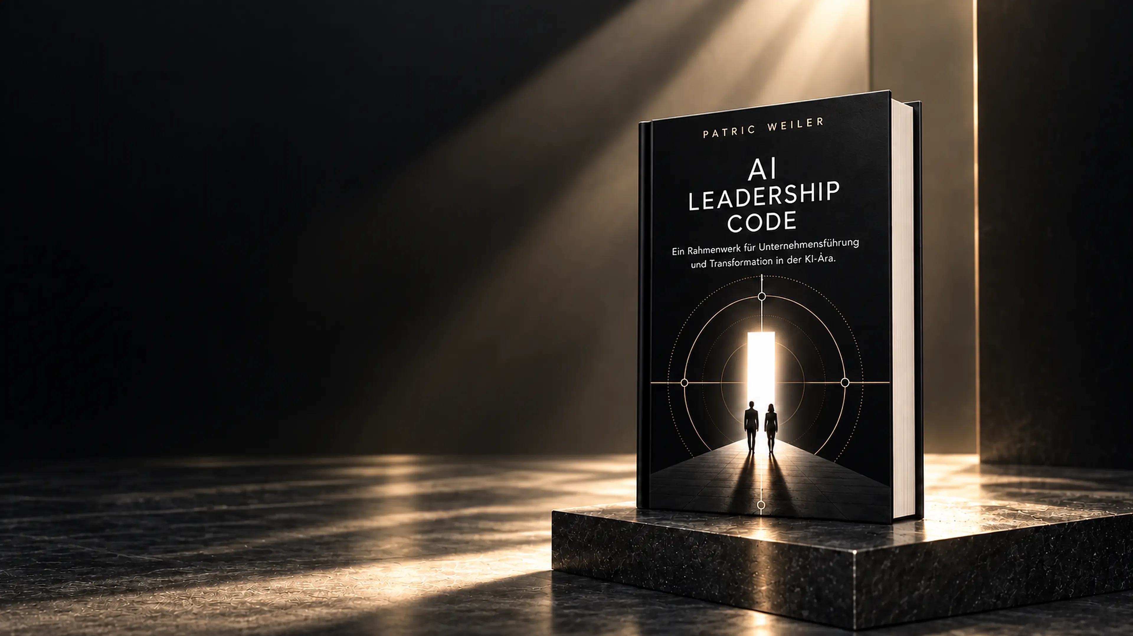 Das Buch „AI Leadership Code“ auf einem Steinsockel im Lichtkegel