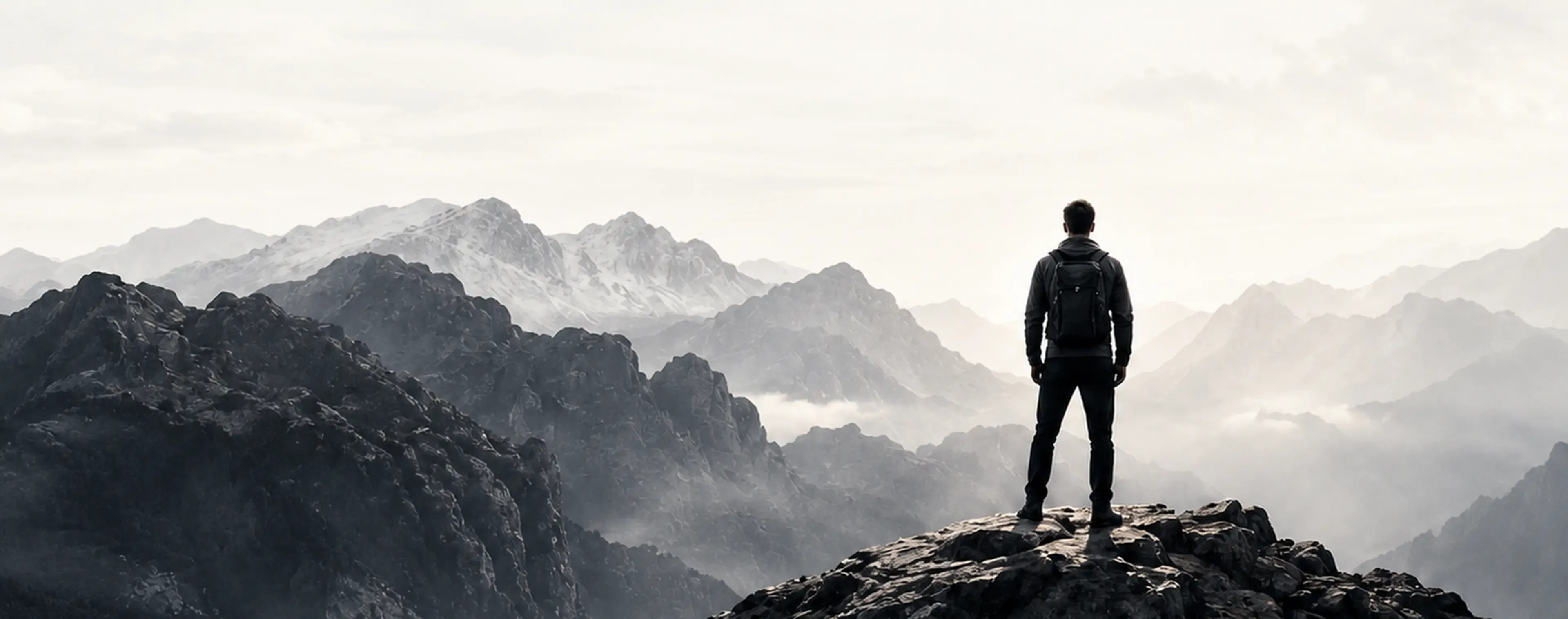 Ein Mensch steht auf einem Gipfel über einer Berglandschaft